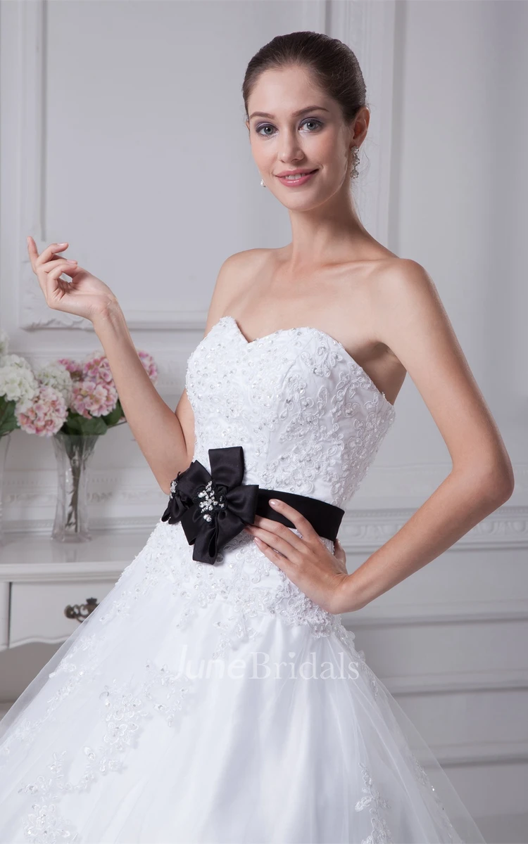 Strapless Tulle A-Line Ball Gown with Ribbon and Appliques
