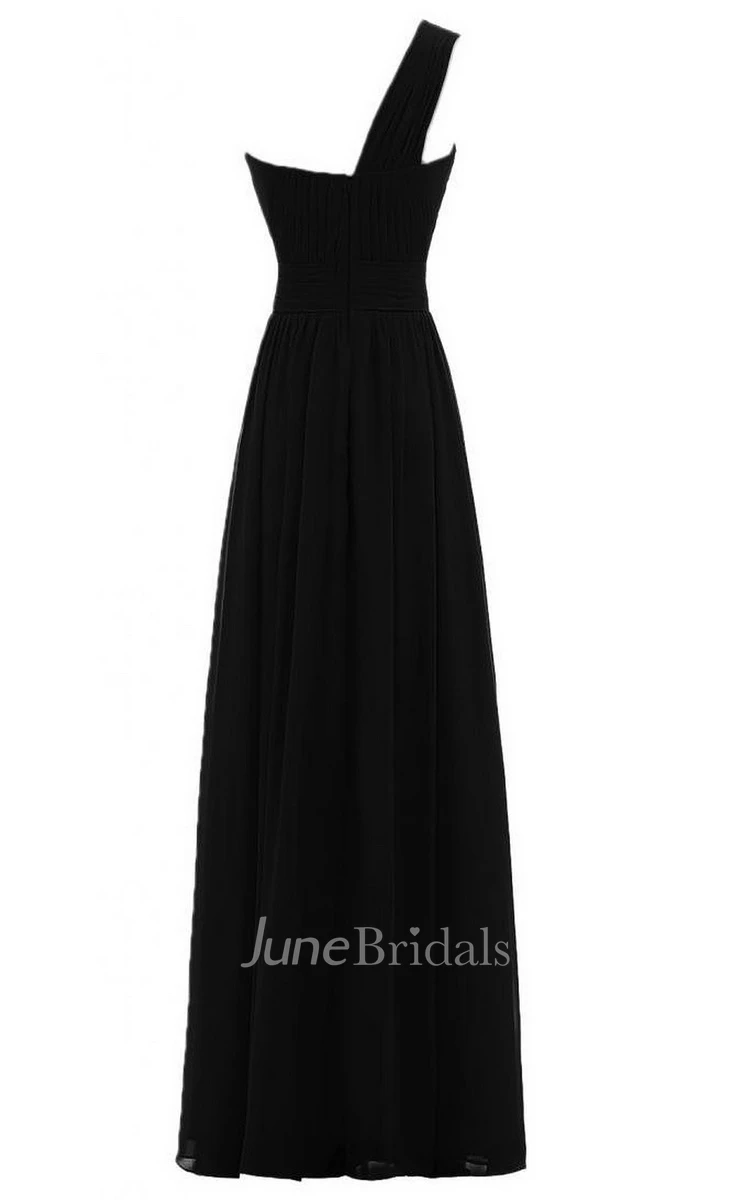 One-shoulder Pleated Long Chiffon Dress With Zipper Back