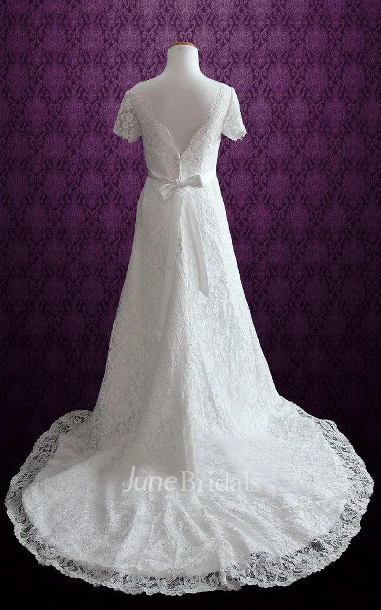 A-Line Short Sleeve Lace Floor-Length Dress With Low-V Back