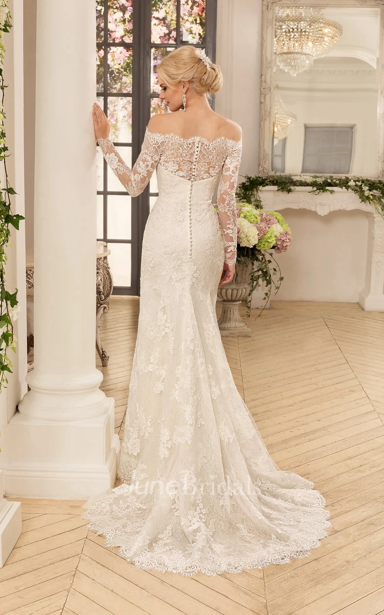 Sheath Long Off-The-Shoulder Long-Sleeve Illusion Lace Dress With Appliques