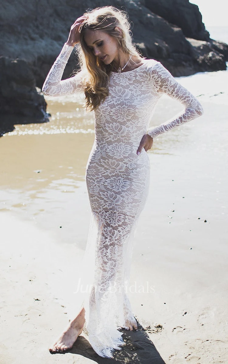 Lace Sheath Fitted Long Sleeve Wedding Dress With Front Split