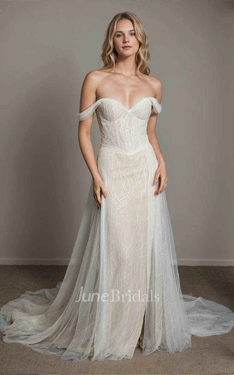 Sexy Elegant Sheath Off-the-shoulder V-neck Pleats Tulle Wedding Dress Romantic Modern Floor-length Court Train Sleeveless Zipper Low-V Back Split Front Bridal Gown