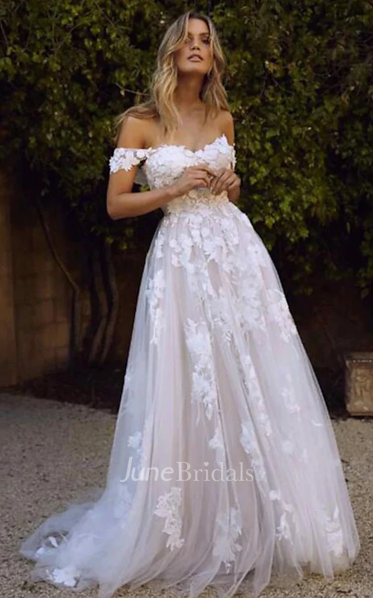 Casual A Line Floor-length Court Train Lace Tulle Off-the-shoulder Sleeveless Wedding Dress
