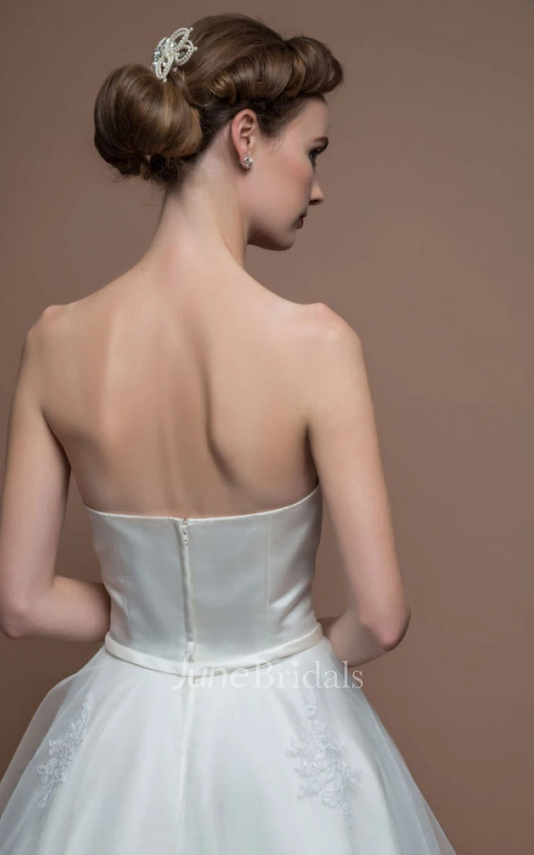 A-Line Tea-Length Short-Sleeve Scoop-Neck Satin Wedding Dress With Illusion