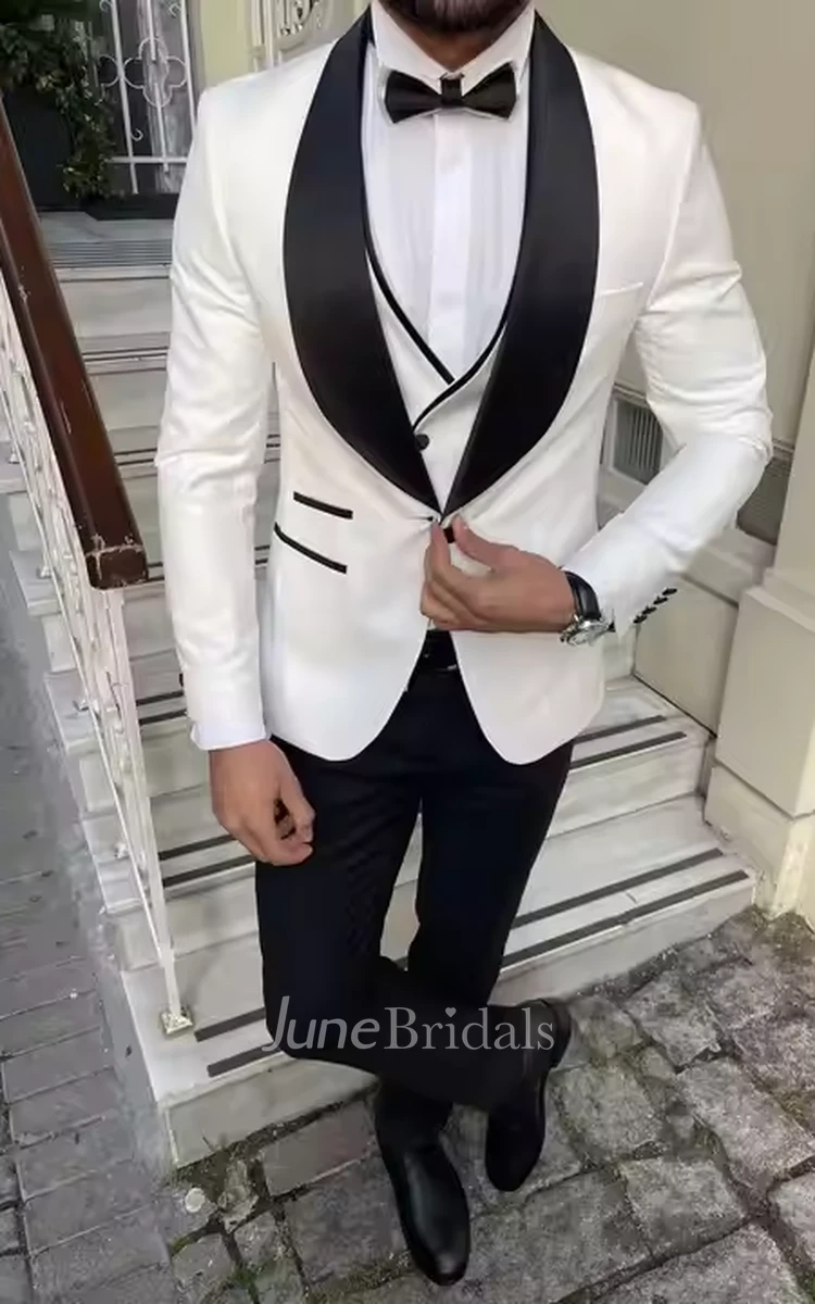 Bohemian Formal Slim Fit Men's Wedding Suits Modern Shawl Lapel Satin 3-Piece Blazer Jacket Vest Pants