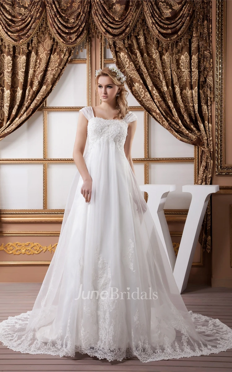 Caped-Sleeve Empire A-Line Gown with Appliques and Beading