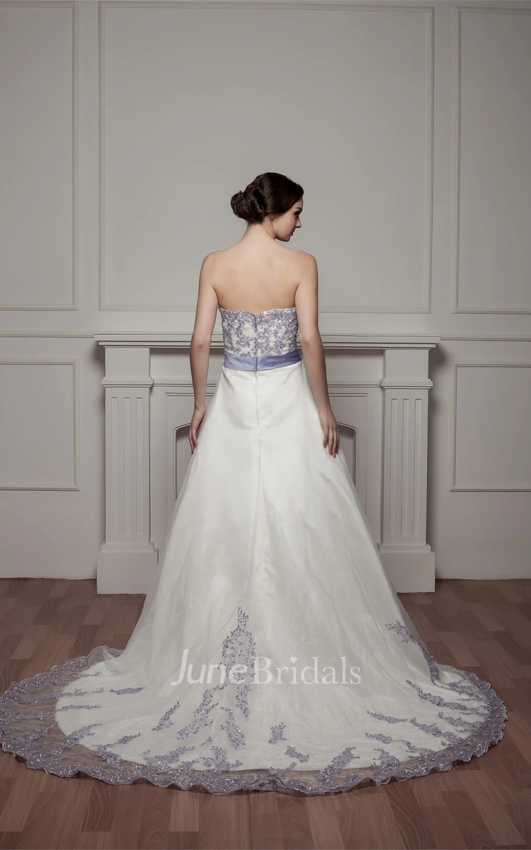 Sweetheart Appliqued A-Line Gown with Ribbon and Court Train