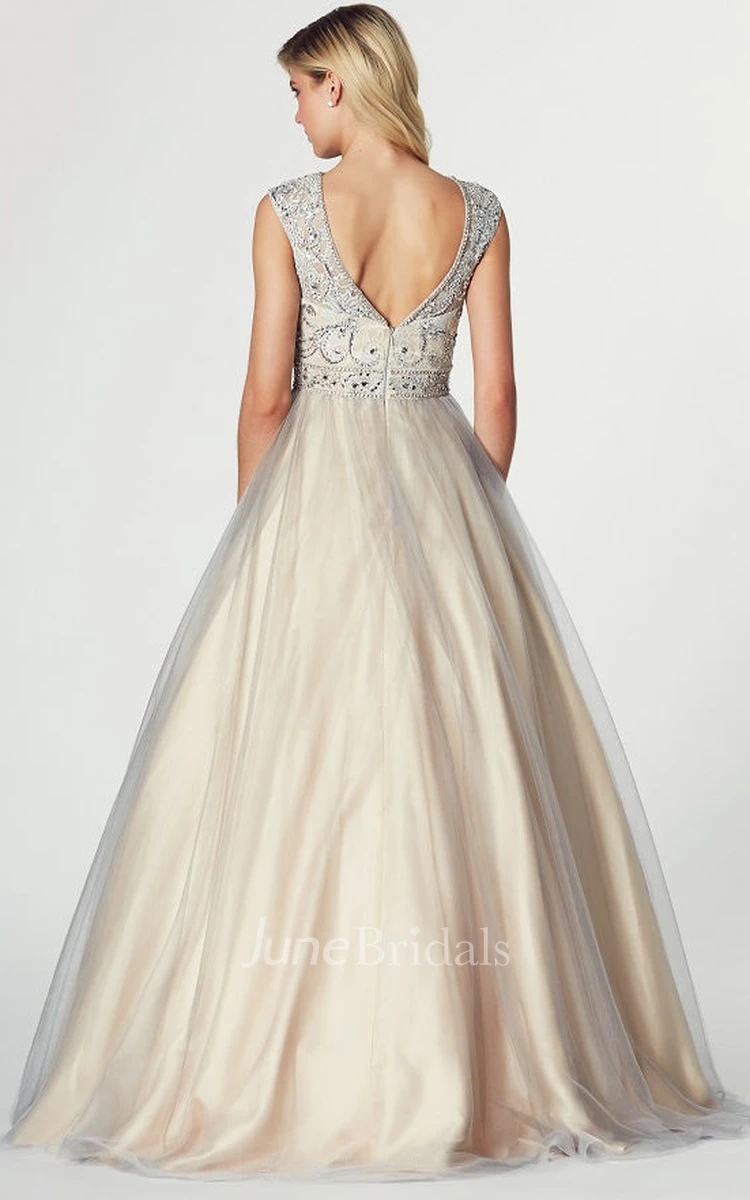 Jewel-Neck Sleeveless Tulle A-line Prom Dress With Beading And Low-V Back