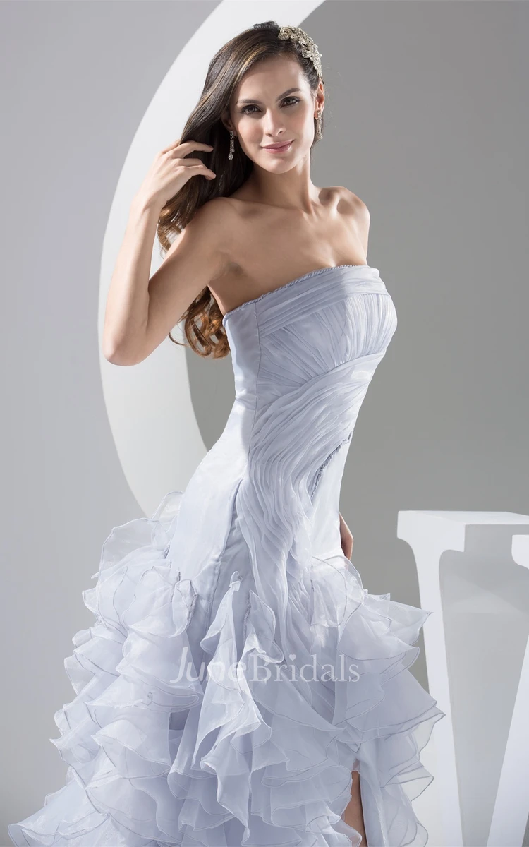 Strapless Column Front-Split Dress with Ruching and Cascading Ruffles