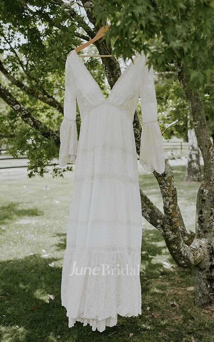 A-Line V-neck Lace Wedding Dress Casual Sexy Bohemian Adorable Beach Country Garden With Deep-V Back And Illusion Long Sleeves