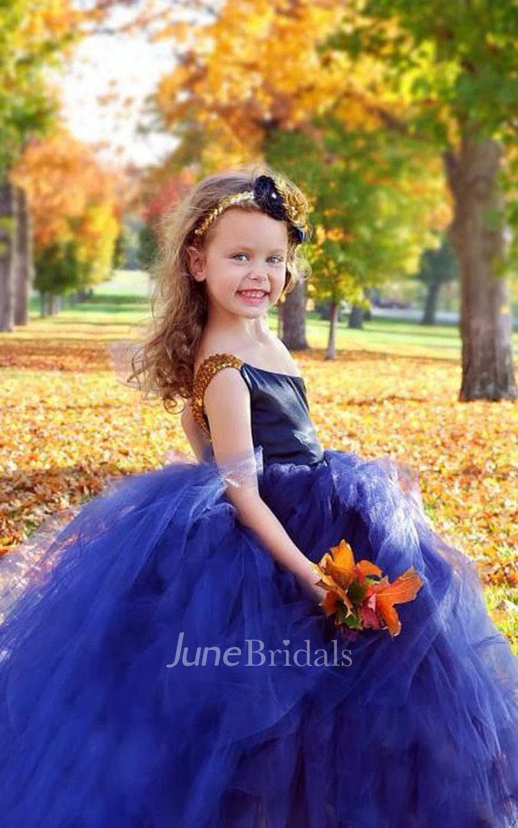 Blue Flower Girl Dress Coral Half Sleeve Rustic Princess Wedding Party Ball  Gown