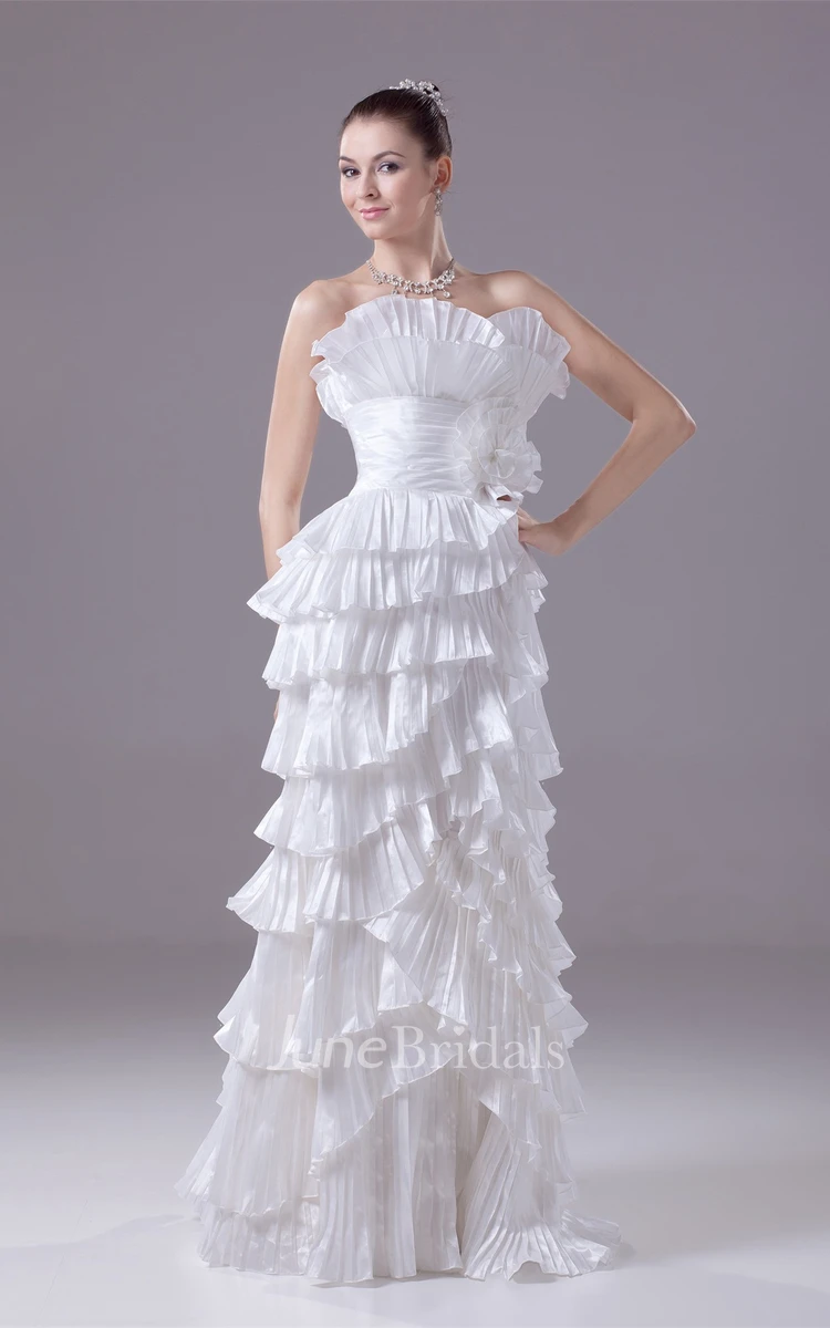 Strapless Tiered Floor-Length Dress with Ruching and Flower
