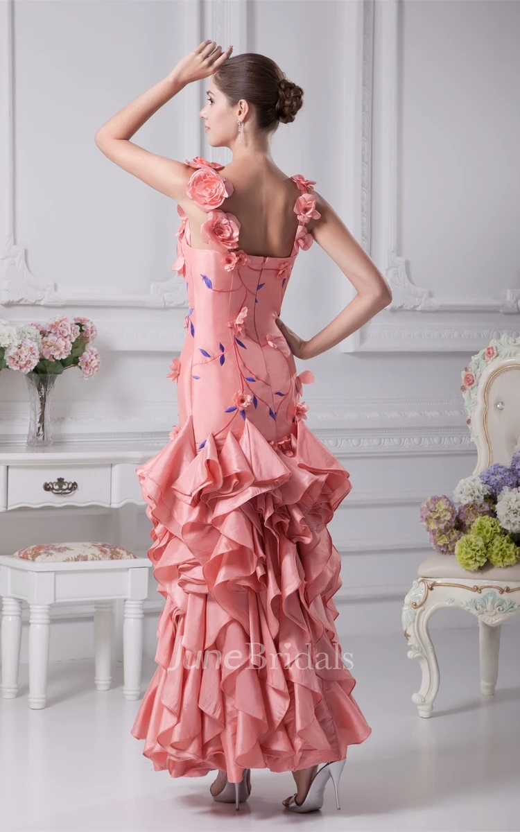 Sleeveless Embroidered Ankle-Length Dress with Cascading Ruffles