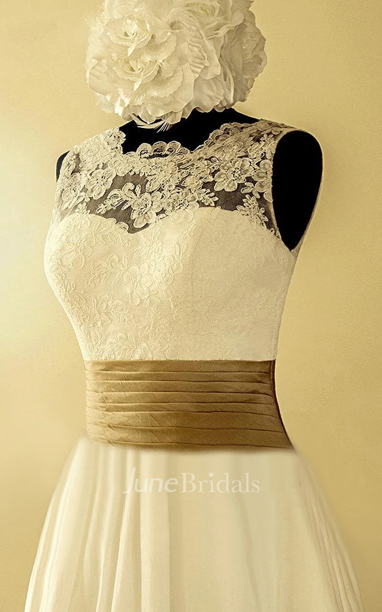 Scalloped Sleeveless Button Back Chiffon Wedding Dress With Sash And Flower