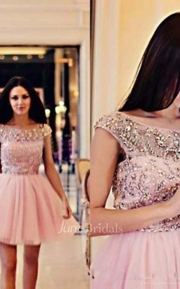 Lovely Pink Crystals Short Homecoming Dress Cap Sleeve