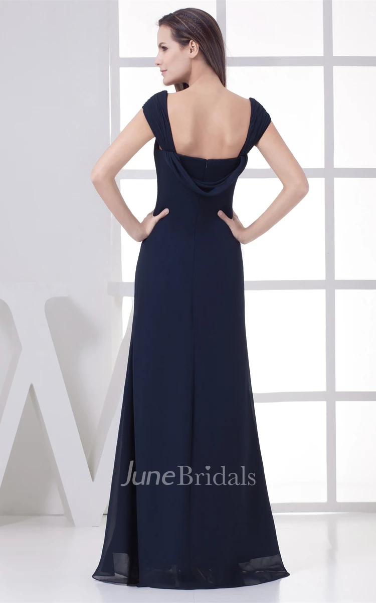 Caped-Sleeve Ruched Floor-Length Dress with Broach