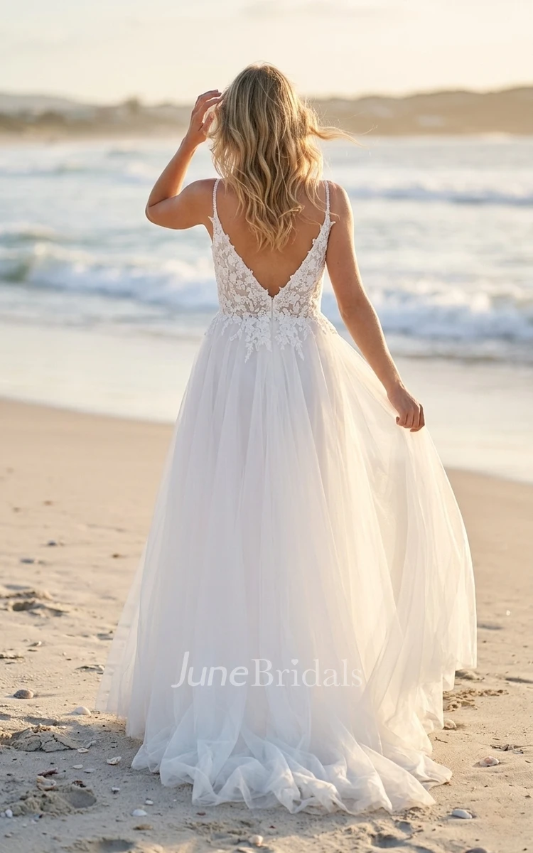 Country Lace A-Line Sleeveless Wedding Dress Deep V-Neck Spaghetti Elopement Bridal Gown