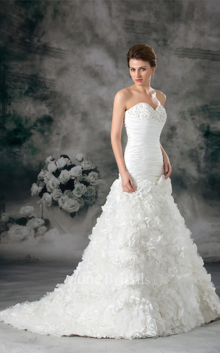 sweetheart a-line ruched dress with ruffled skirt and beading