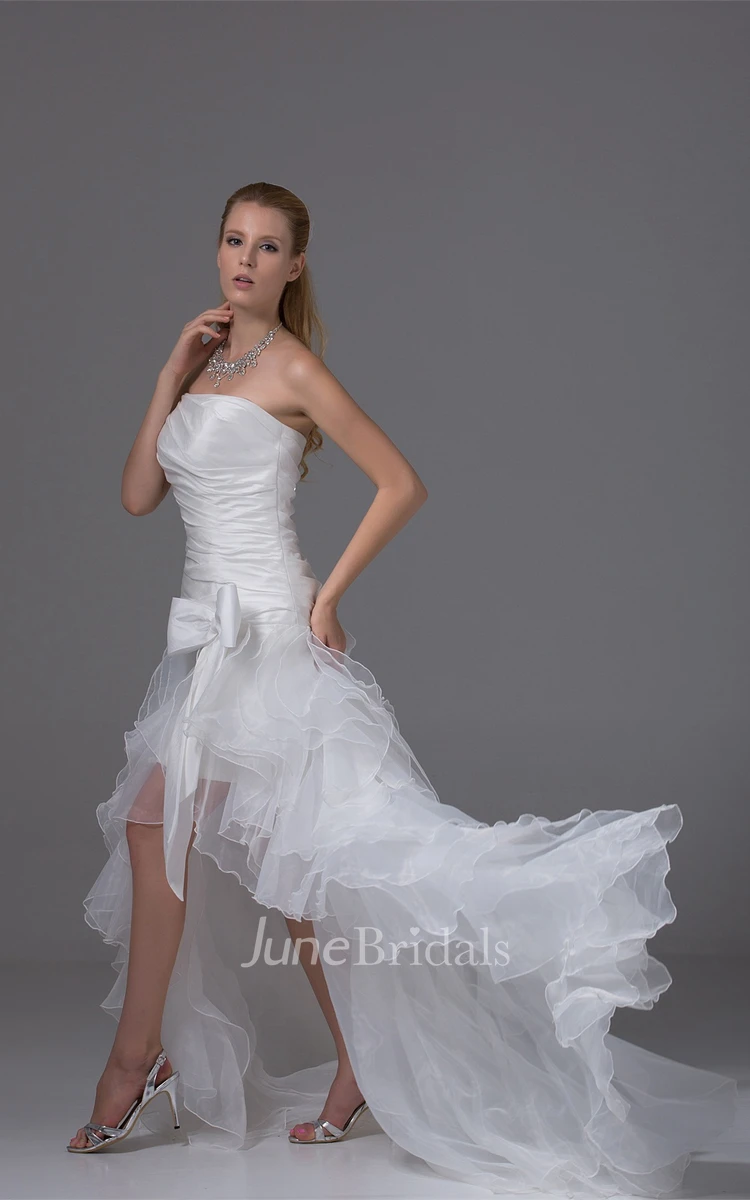 Strapless High-Low Ruffled Dress with Ruching and Bow