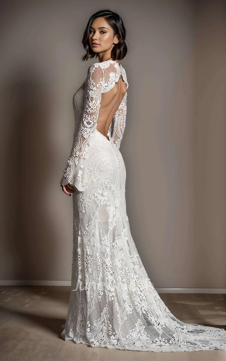 Vintage Elegant Mermaid Jewel Neck Lace Floor-length Wedding Dress Romantic Bohemian Long Bell Sleeve Backless Button Back Bridal Gown with Train