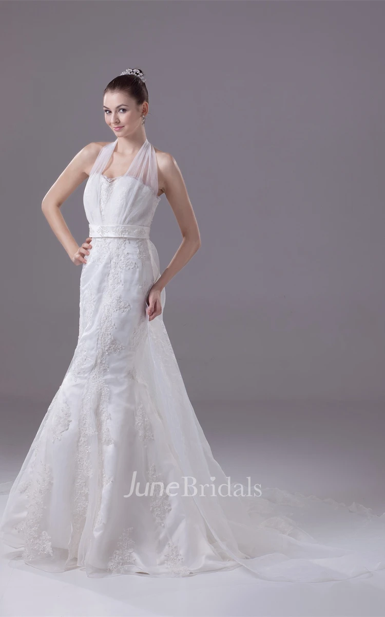 Haltered Mermaid Beaded Dress with Appliques and Court Train