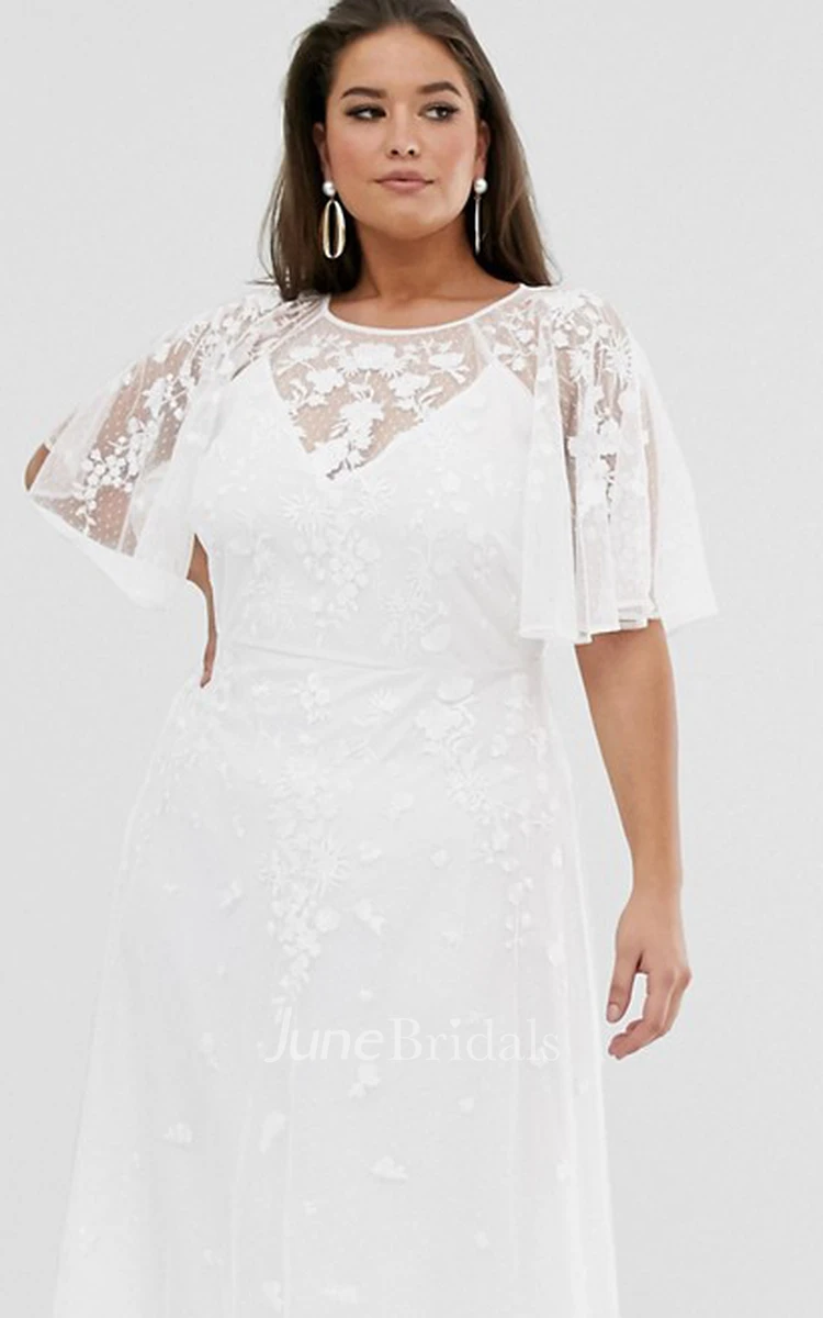 Simple Chiffon and Tulle Sheath Bat-sleeve Wedding Dress