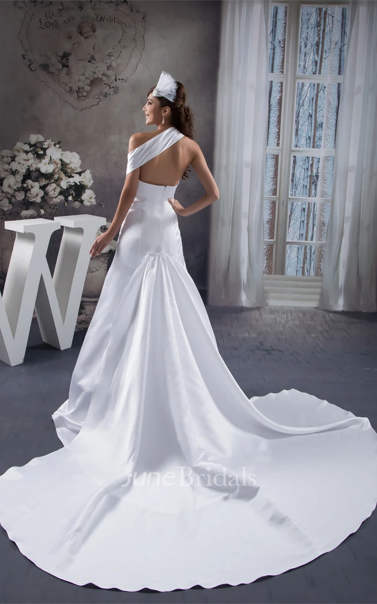 Satin Single-Strap A-Line Gown with Appliques and Court Train