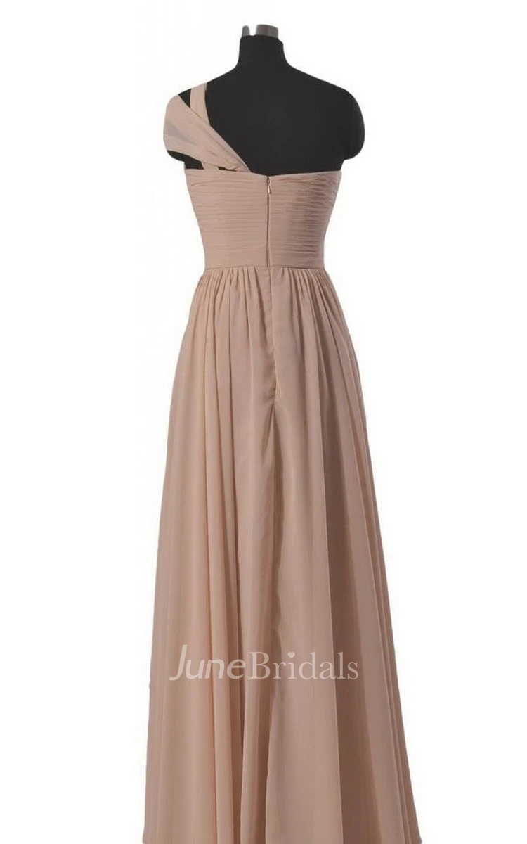 One-shoulder Long Chiffon Gown With Ruched Bodice