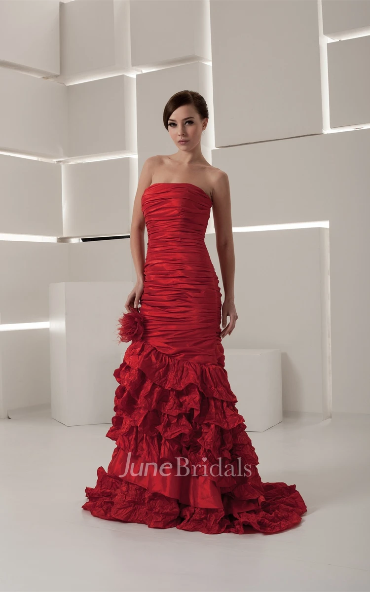Strapless Column Tiered Dress with Flower and Ruched Bodice