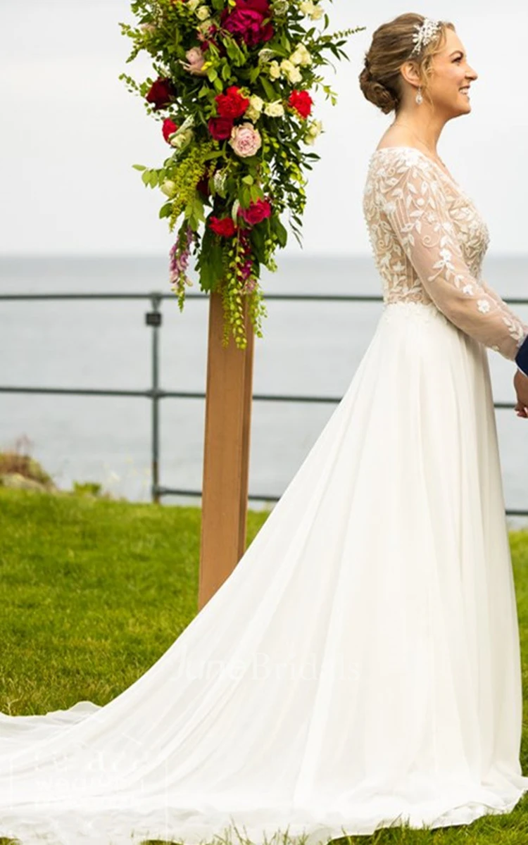 Elegant A-Line V-neck Sweep Train Long Sleeve Chiffon Wedding Dress
