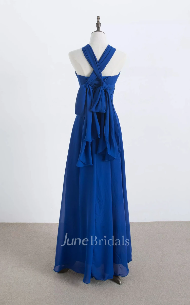 A-line Halter Sleeveless Floor-length Chiffon Bridesmaid Dress with Pleats