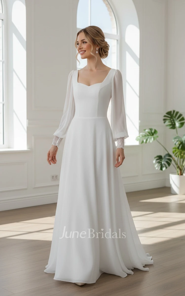 Simple Modest Classic A-line Long Poet Sleeve Satin Chiffon Spring Wedding Dress Modern Minimalist Sweetheart Floor Length Bridal Gown