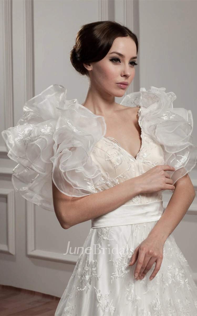 Plunged Ruffled A-Line Gown with Lace and Court Train