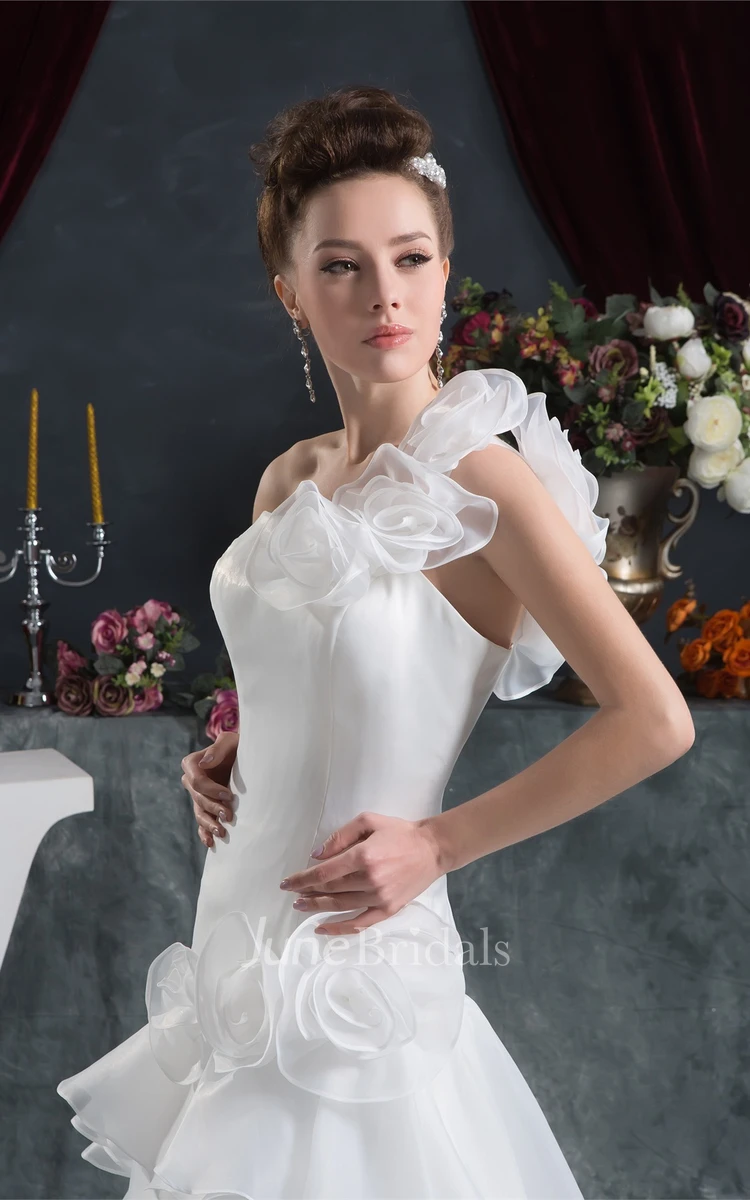One-Shoulder Column A-Line Gown with Peplum and Flower