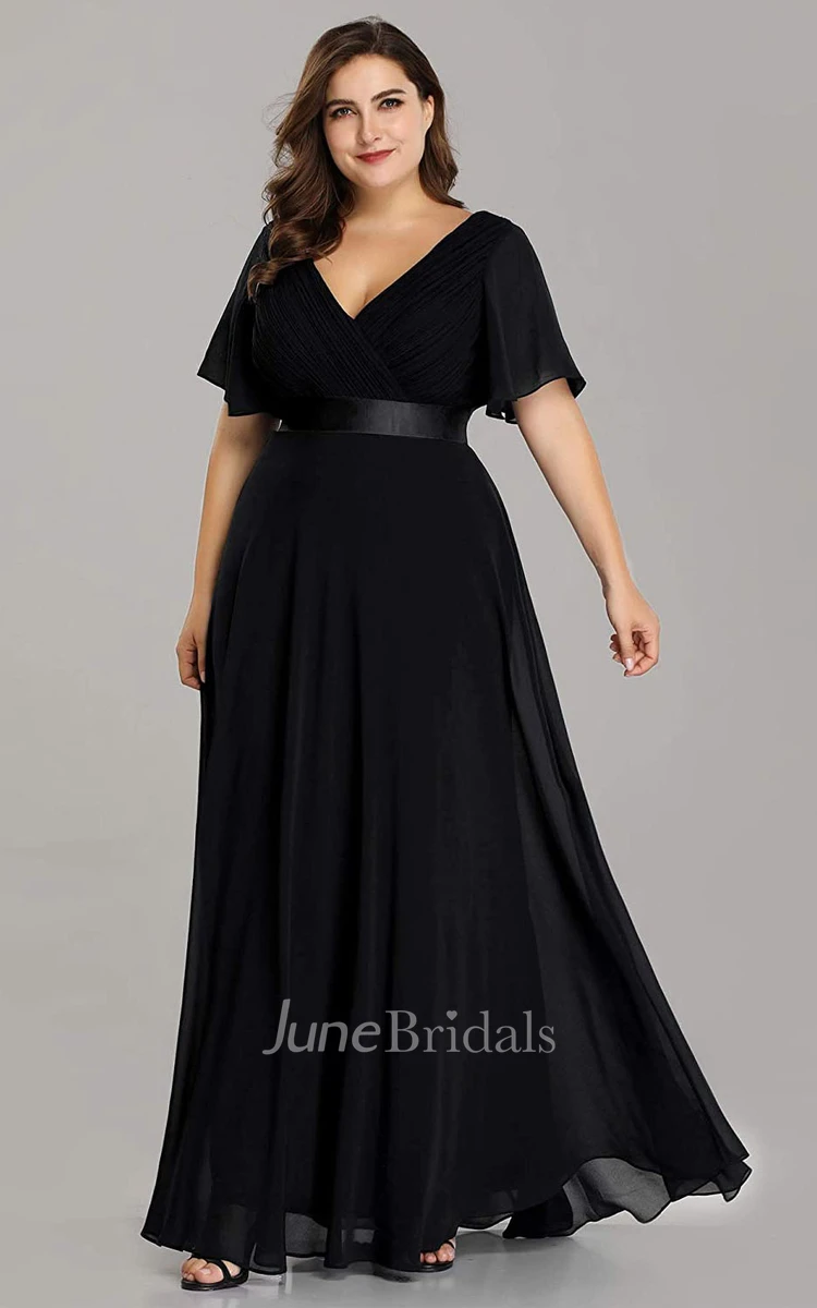 A Line V-neck Chiffon Half Sleeve Prom Dress With Criss Cross and Ruching