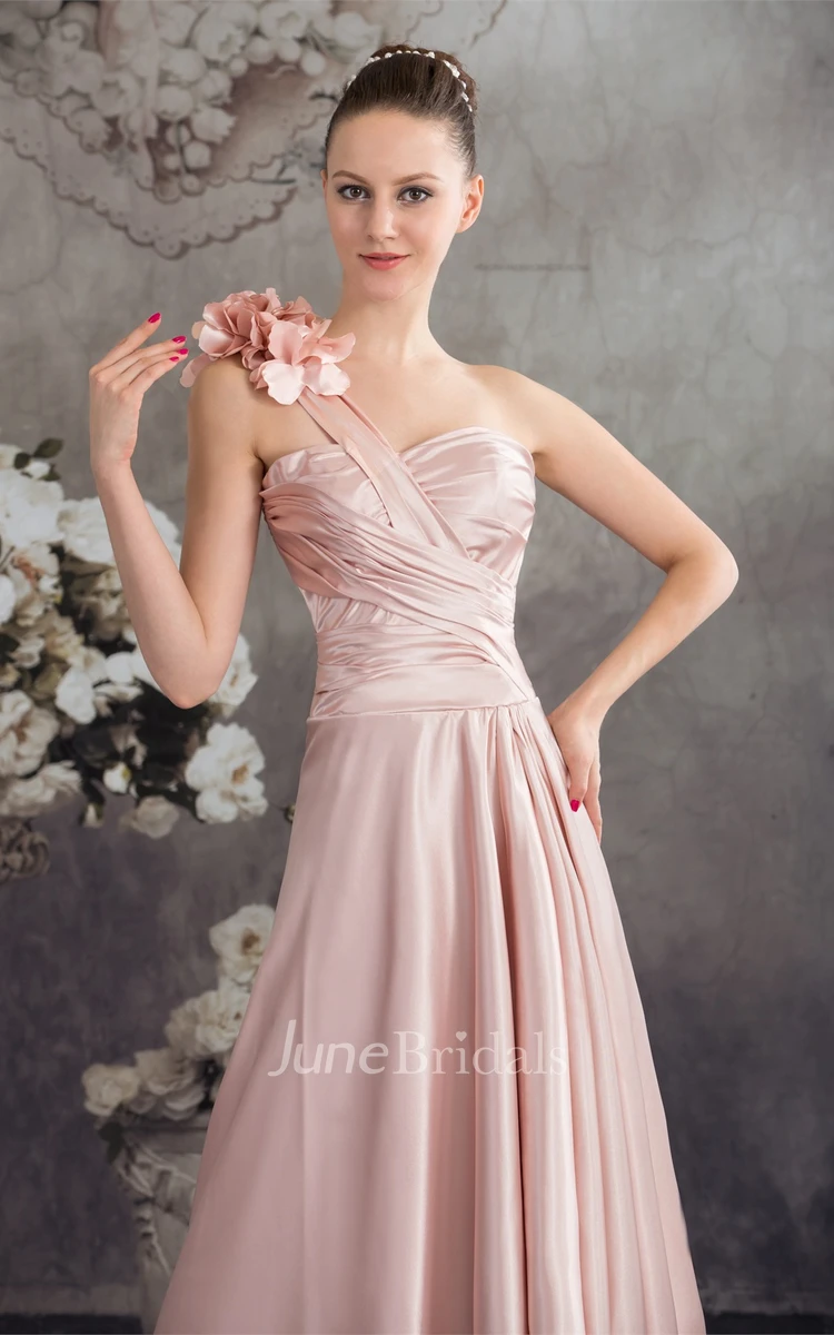 Sleeveless High-Low Pleated Dress with Ruching and Floral Epaulet