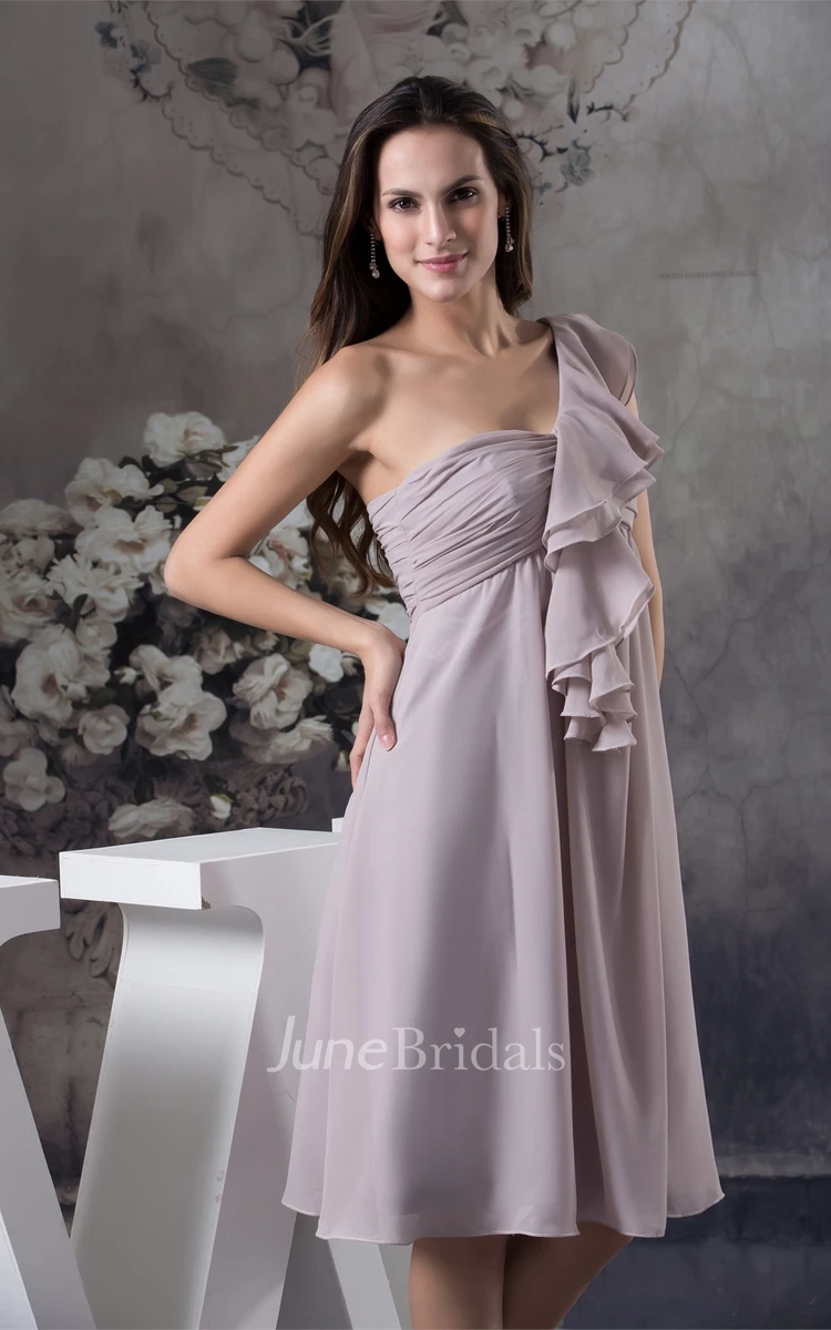 One-Shoulder Empire Midi Chiffon Dress with Ruching and Draping