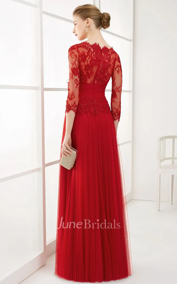 A-Line Long Appliqued 3-4-Sleeve Jewel-Neck Tulle Prom Dress With Flower