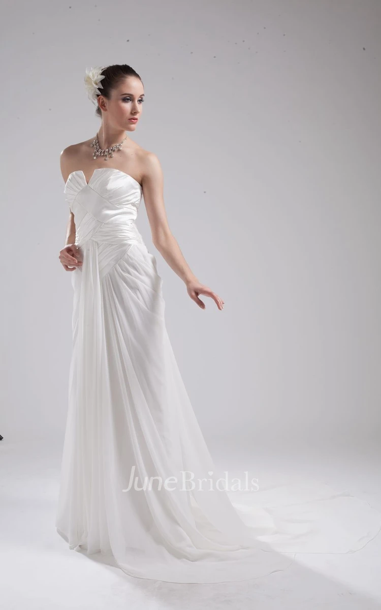 Strapless Notched Pleated Dress With Ruching and Brush Train