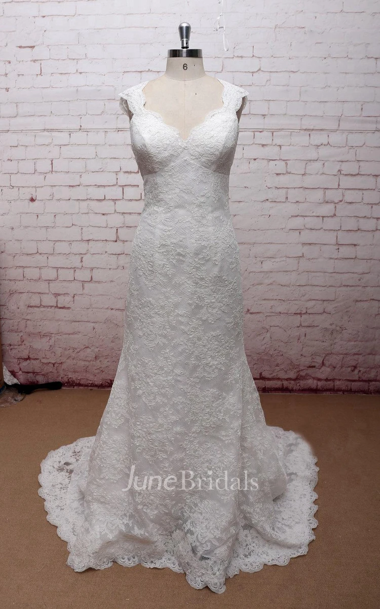 Classic V-Neck Lace Wedding Dress With Empire Waist and Open Back
