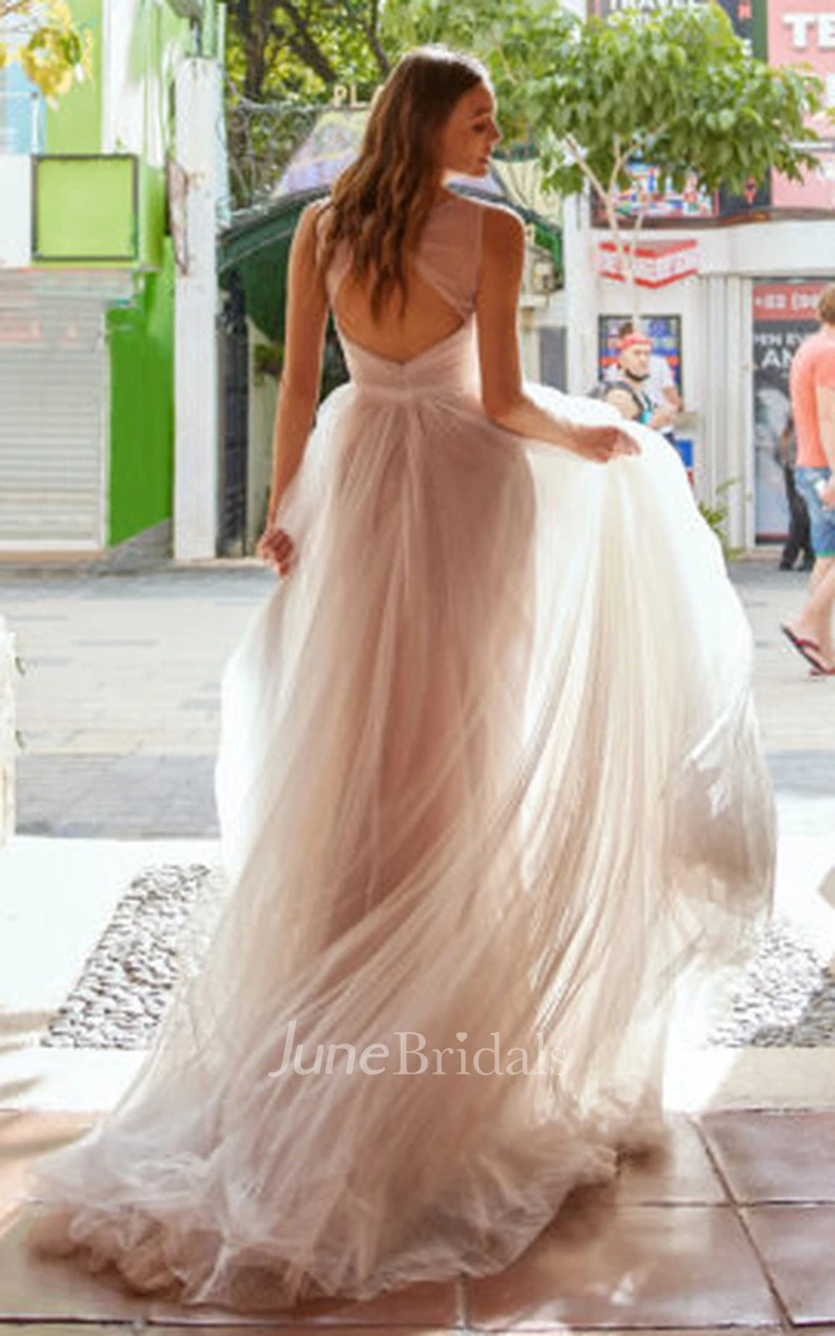 Simple Beach A-Line Plunging Neckline Tulle Wedding Dress With Court Train And Keyhole