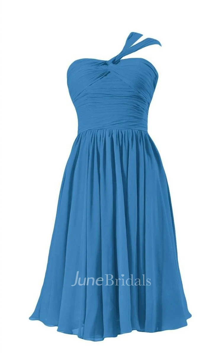 One-shoulder Ruched Bodice Knee-length Pleated Chiffon Dress