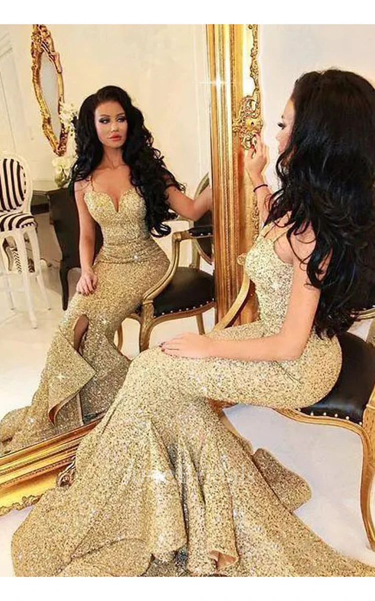 Straps Neck SweetheartMermaid Trumpet Sequins Sexy Floor-length Sleeveless Beading Sequins Evening Dress