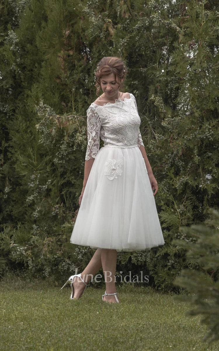 Vintage Inspired Tea Length Tulle Wedding Dress With Lace Bodice