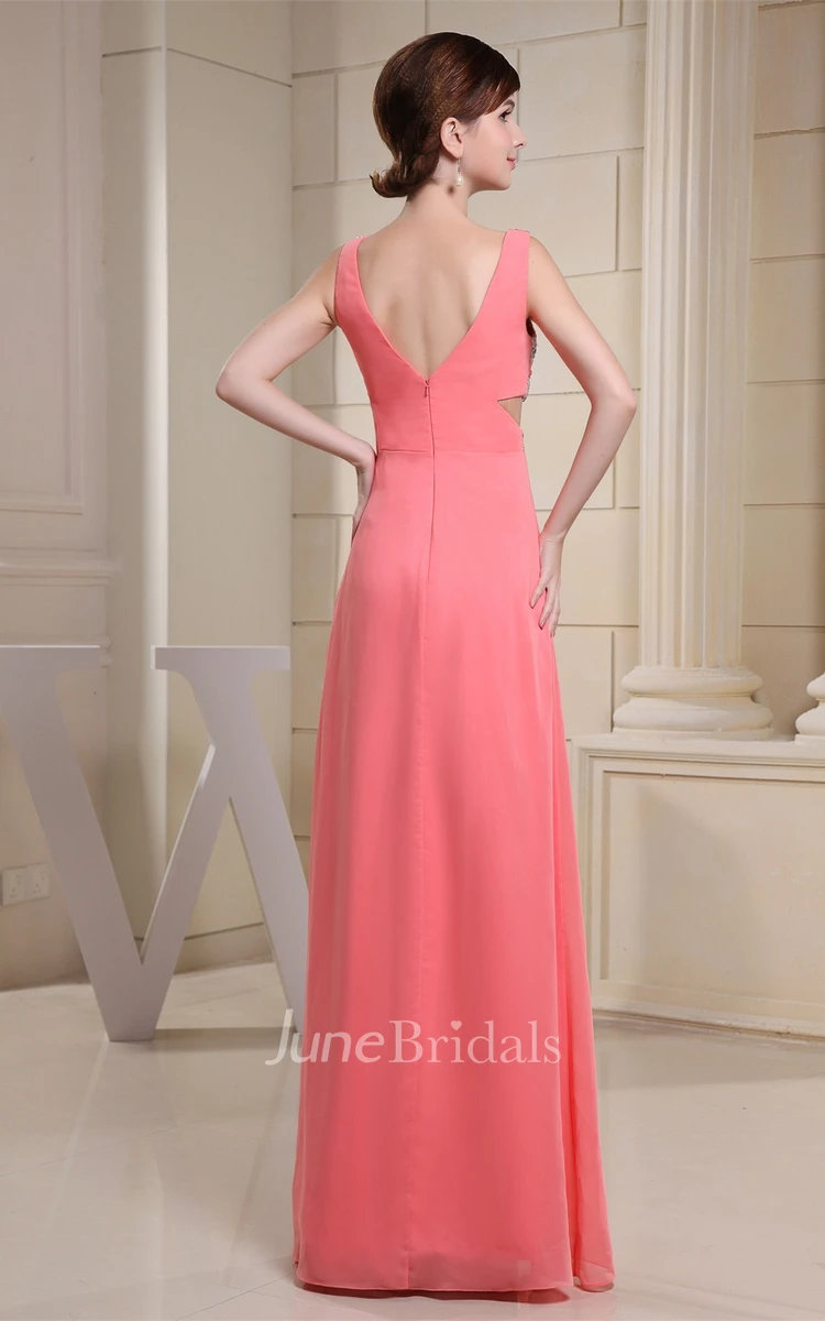 Deep-V-Neck Sleeveless Ruched A-Line Floor-Length Gown with Side Keyhole and Crystal Detailing