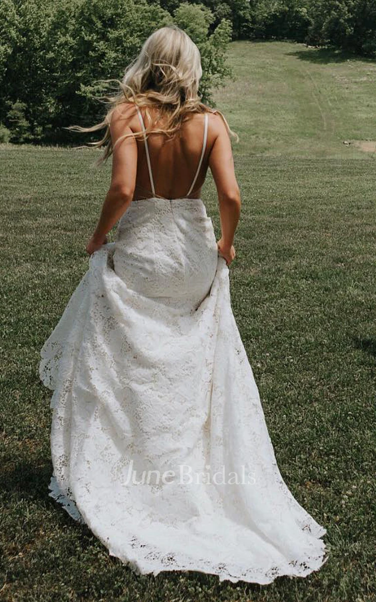 Simple Mermaid Spaghetti V-neck Lace Sleeveless Wedding Dress with Train Casual Sexy Elegant Country Garden Beach