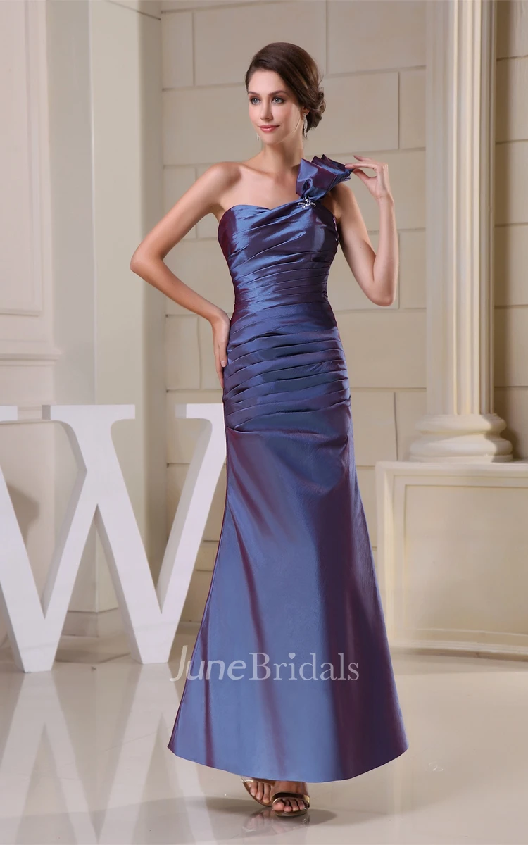 Sleeveless Satin Ankle-Length Dress with Ruching and Single Strap