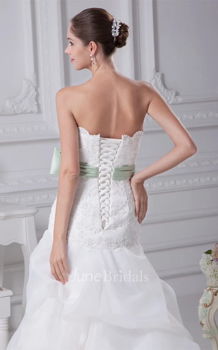 Strapless Appliqued A-Line Gown with Beading and Floral Bow
