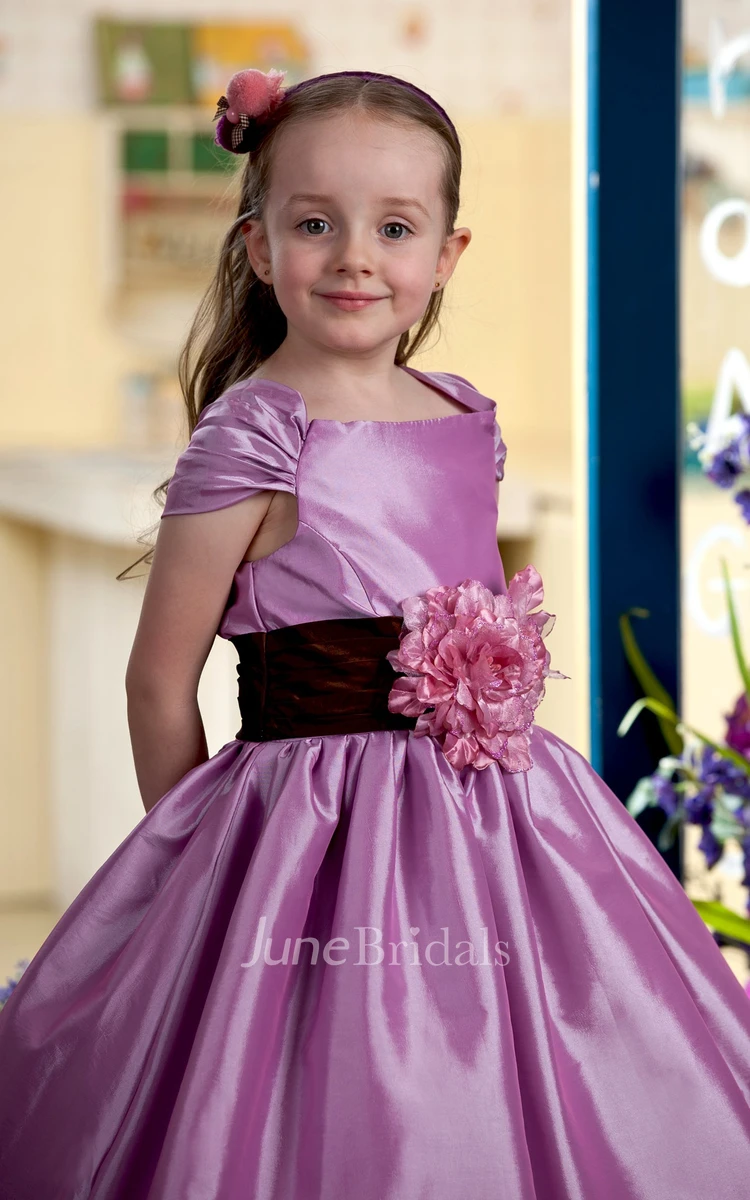 Caped-Sleeve Satin Flower Girl Dress With Flower and Ruched Waist