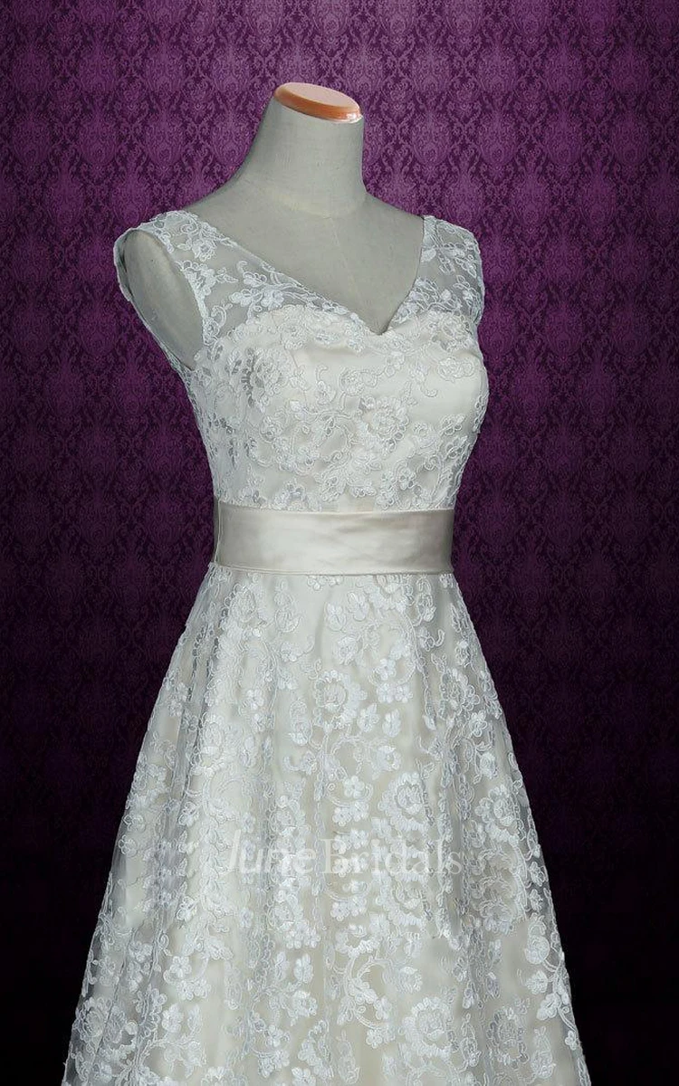 A-Line V-Neck Sleeveless Lace Dress With Sash